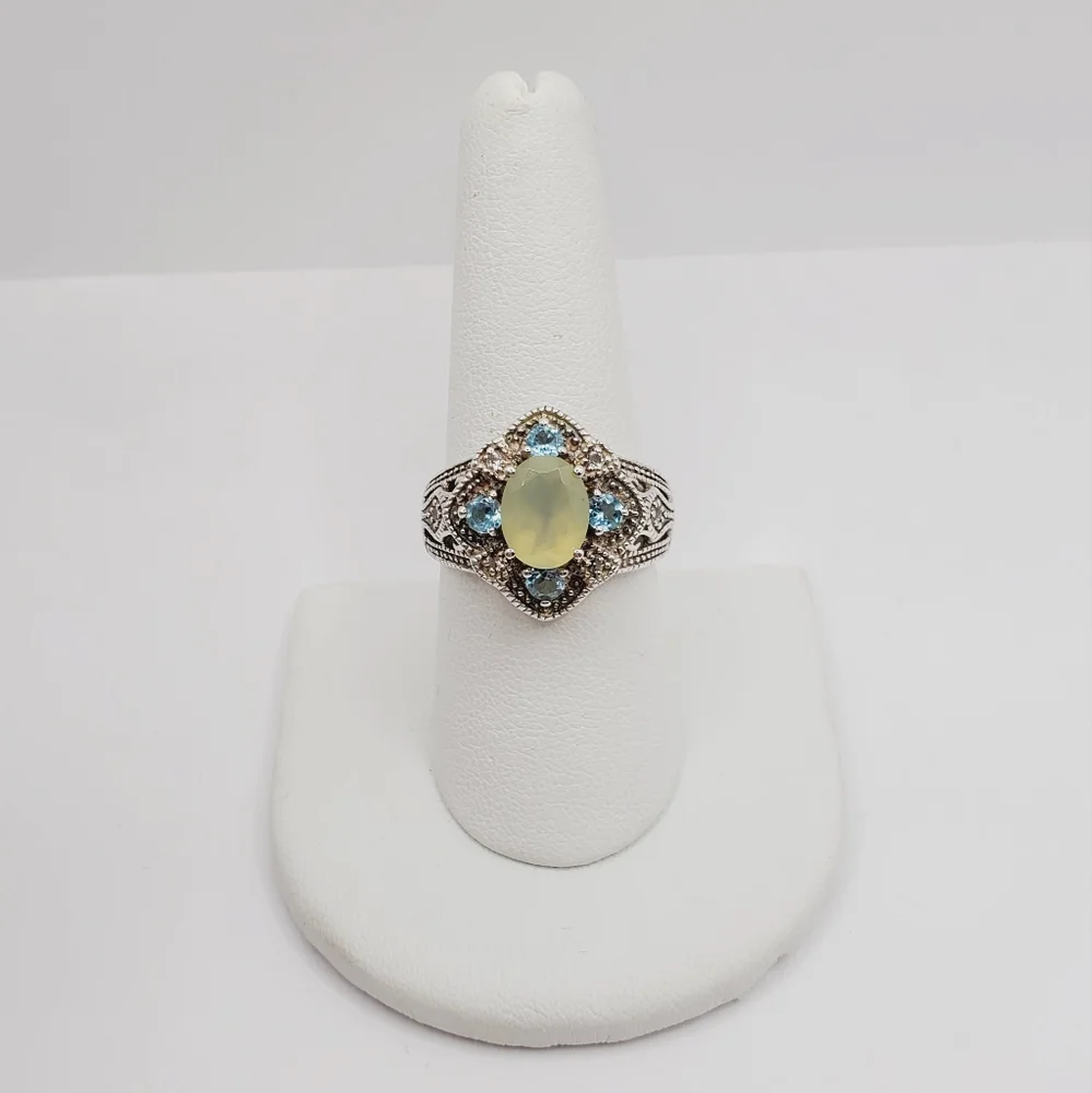 Apatite - White Topaz & Chalcedony 925 Sterling Silver Milgrain Design Ring